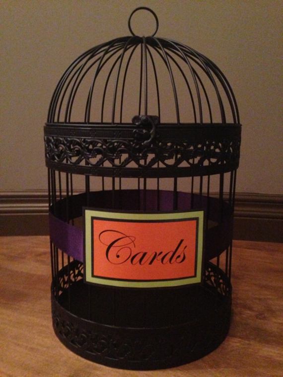 Large Black Bird Cage - Orange, Green, Purple Detail $90