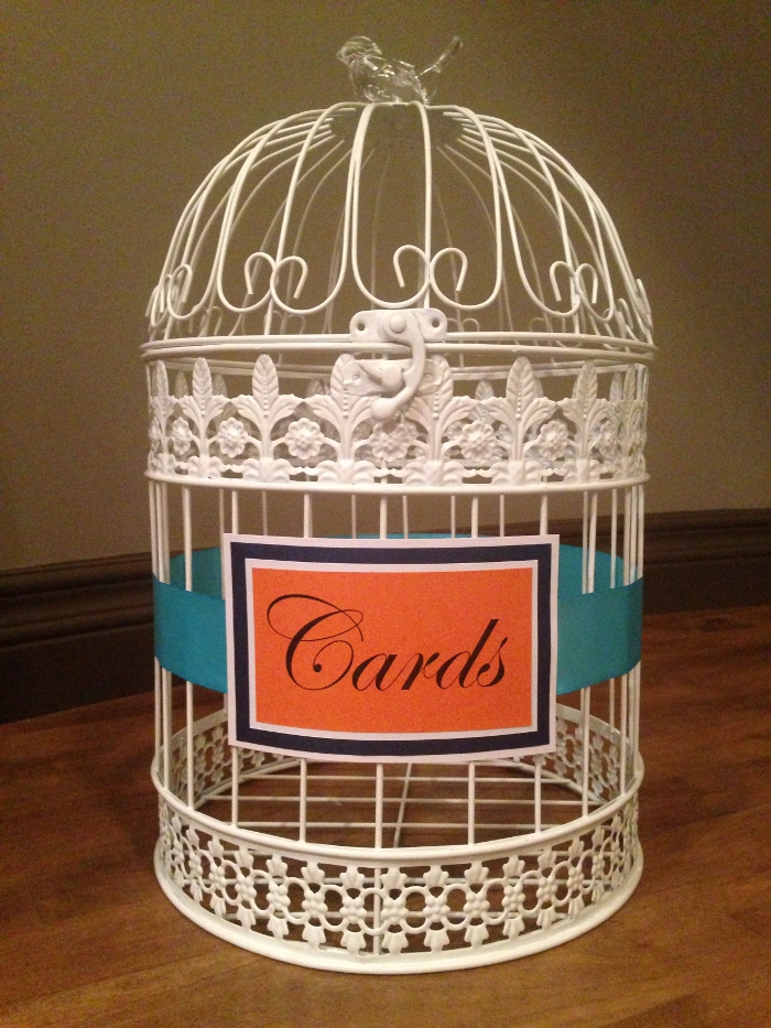 Large White Bird Cage - Orange, Navy, Turquoise Detail $90