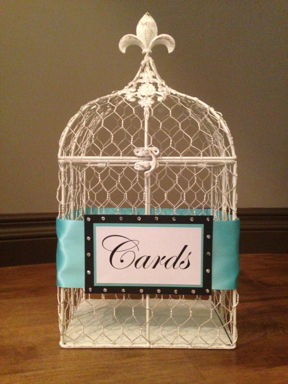 Medium White Bird Cage - Baby Blue, Black, White, Crystal Detail $65