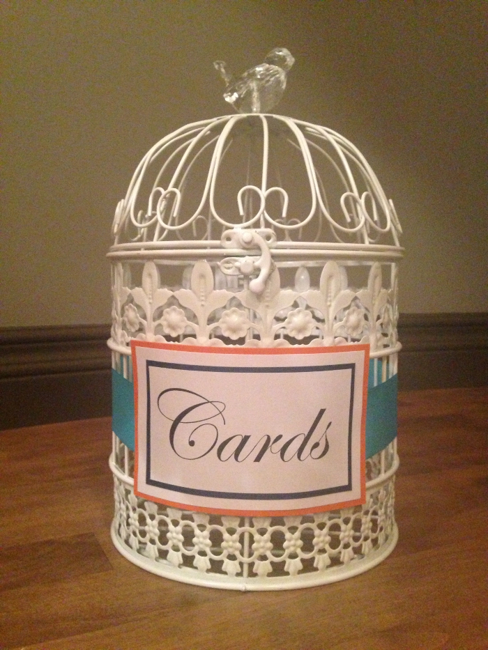 Small White Bird Cage - Orange, Navy, Turquoise Detail $50