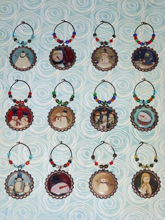 Custom Primitive Snowmen Wine Charms